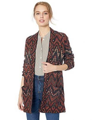 Lucky Brand - Lucky Brand Women's Long Ikat Open Front Cardigan Sweater,  red/Multi, S