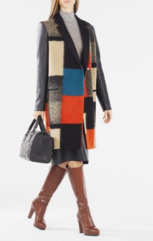 Wayne Faux-Leather Color-Blocked Wool Jacquard Coat