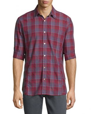 John Varvatos Star USA Plaid Roll-Tab Sleeve Sport Shirt, Brick Red