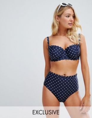 Peek & Beau Bas de bikini taille haute à pois avec bordure festonnée Bleu marine