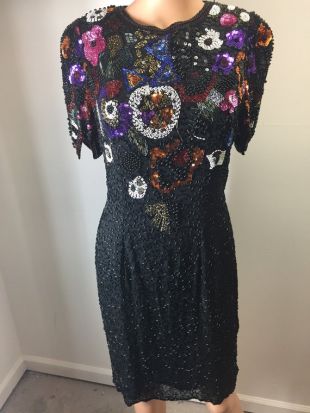 Niteline 80 s 90 s noir multicolore fortement perlée robe de soie Floral Cocktail Party