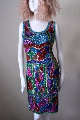 Paillette robe, vintage, arc en ciel, mini, multicolore, or, perles. mode des années 1980