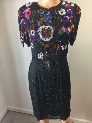 Niteline 80 s 90 s noir multicolore fortement perlée robe de soie Floral Cocktail Party