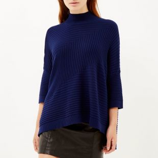 River Island Women's Blue Textured Ribbed High Neck Jumper