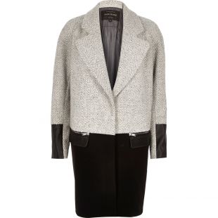 River Island Women's Black Grey Wool-blend Herringbone Winter Coat
