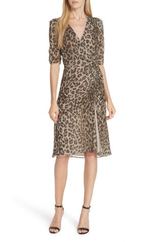 Ruched Leopard Print Silk Dress