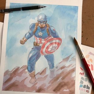 Capitaine Amérique Steve Rogers Marvel Avengers Endgame peinture aquarelle originale 8 x 10