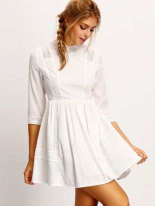 Romwe robe blanche évasée avec dentelle