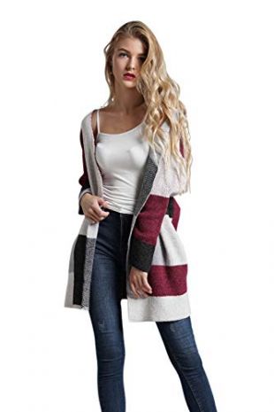 WEEKAN Long Cardigan Sweaters for Women Open Front Color Block Knitwear Soft Outwear (Camel, M)