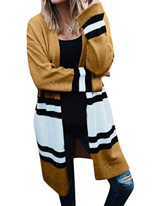 Meilidress Womens Long Cardigan Sweaters Open Front Color Block Knitted Long Sleeve Oversized Coat Khaki