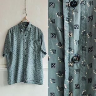Chemise Simms Homme Manches Courtes - Bleu, Imprimé Géométrique Poisson, Coton/polyester, Taille L