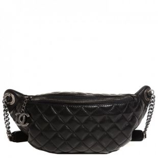 Chanel - Lambskin Quilted Banane Waist Bag Fanny Pack Black