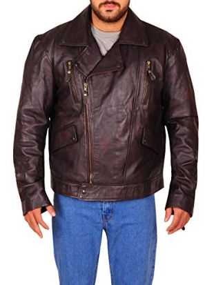 TrendHoop Mens Brown Distressed Leather Marlon Brando Biker Motorcycle Armoured Jacket (Distressed Brown, Medium)