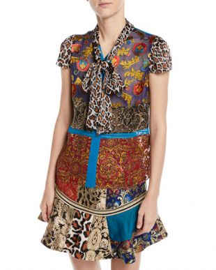 Jeannie Bow Collar Mixed Print Button Front Blouse