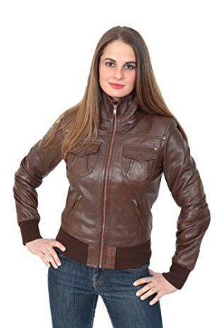 Femmes Dernières Bomber Court Aménagée Veste Véritable en Cuir Zip Up Cameron Marron