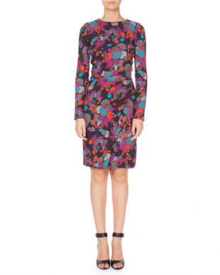 Long-Sleeve Ruched Waist Floral Print Dress