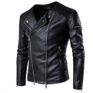 Blouson en cuir homme grande taille slim ZIP manches longues col rond