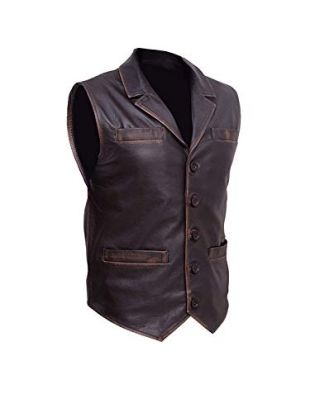 Trendhoop Men Brown Cow Hide Leather Distressed Vest (X-Large)
