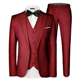 MAGE MALE Men's 3 Pieces Suit Elegant Solid One Button Slim Fit Single Breasted Party Blazer Vest Pants Set Red