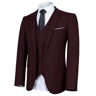 WEEN CHARM Mens Slim Fit Suit One Button Notch-Lapel 3 Pieces Suits Blazer Tux Vest & Trousers Dark Red