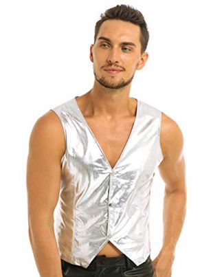 TiaoBug Men's Patent Leather Sleeveless Metallic Clubwear Nightclub Suit Vest Silver Medium