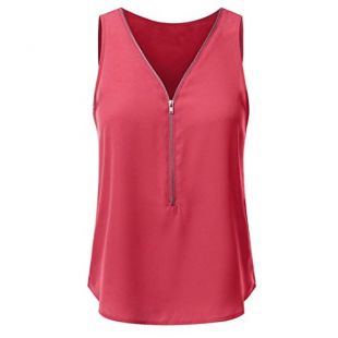 G&Kshop Women Shirts Sleeveless,Zipper Closure Chiffon Blouse V Neck Casual Tank Tops (S, Red)