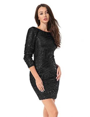 Hiistandd Women Sequin Glitter Long Sleeve Round Neck Backless Bodycon Stretchy Party Dress Black