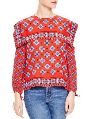 Sandro Dalla Cold-Shoulder Mosaic-Print Silk Top