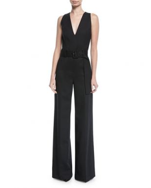 Theory - Belted V-Neck Wide-Leg Wool-Blend Jumpsuit