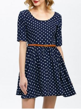 Robe rétro à pois avec ceinture - Bleu Foncé