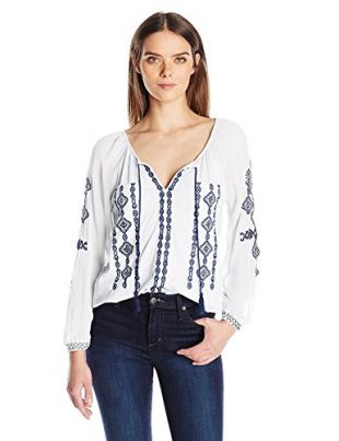 Lucky Brand Women's Embroidered Woven Mix Top, Lucky White, X-Small