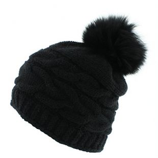 votrechapeau - Bonnet torsadé à Pompon - Laine, Mohair et Fourrure - Gaspé - Noir