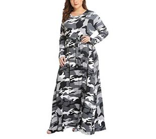 Women's Plus Size Dresses Camouflage Maxi Dress Long Sleeve Camo Print Dress Casual Long Dress