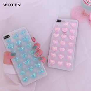 Wixcen Pink Blue Crystal Love Heart Phone Case Glitter Soft tpu Silicon Case for Iphone