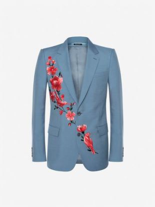 Alexander McQueen Men's Powder Blue Floral Embroidered Jacket