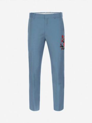 Alexander McQueen Men's Powder Blue Floral Embroidered Pants