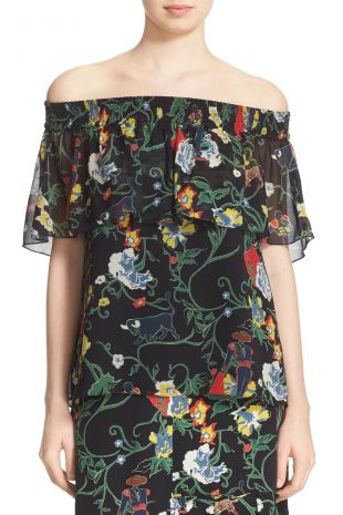 Tibi | Print Ruffle Off the Shoulder Silk Top