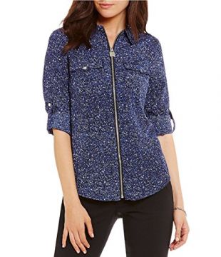 Michael Kors Tweed Print Lock-Tag Zip Front Roll-Sleeve Shirt