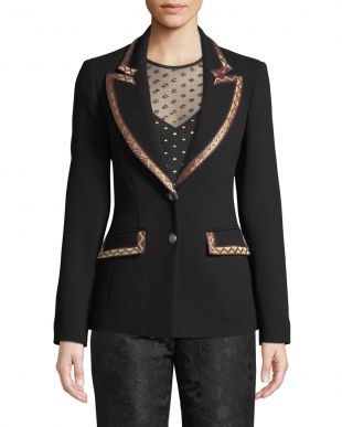 Single-Breasted Blazer with Embroidered Ribbon Trim