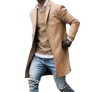 XBRECO Mens Long Sleeve Button Down Trench Coat,Slim Fit Overcoat Outwear (Large, Khaki)