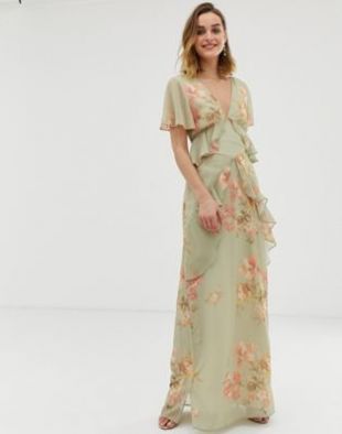Hope & Ivy ruffle floaty maxi dress with open back in sage green floral
