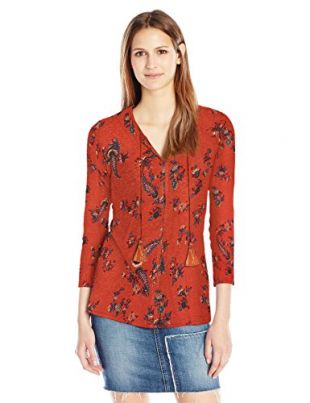 Lucky Brand Women's Printed Peasant Top, Rust Multi, XS