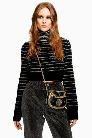 Topshop Stripe Funnel Neck Cropped Jumper