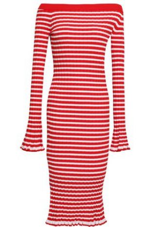 Off-the-Shoulder Striped Ribbed-Knit Dress