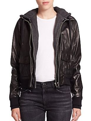 R13 Layered Jersey Hood Leather Bomber Jacket