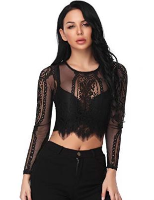 Women's Sexy Long Sleeve Sheer Blouse Mesh Lace Crop Tops Tee Blouse Black