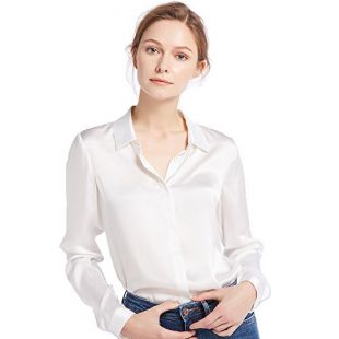 LilySilk Women's 100 Silk Blouse Long Sleeve Lady Shirt 22 Momme Charmeuse Silk White Size L