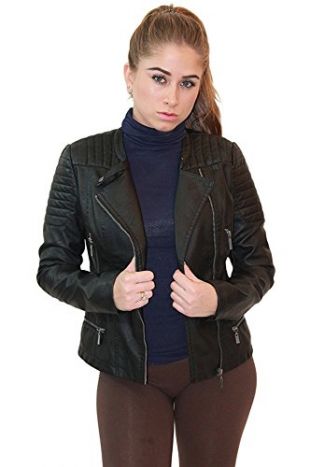 Olivia Miller Womens Faux Leather Zip Up Moto Biker Jacket JK5207S Black Medium