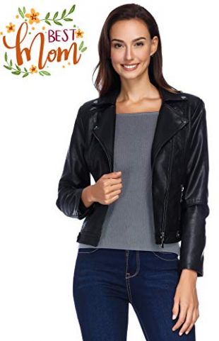 Black Leather Jacket for Women, Faux Leather Motorcycle Zip Up Short Jacket for Petite Black M