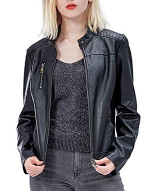 Fahsyee Women's Faux Leather Jackets, Zip Up Motorcycle Short PU Moto Biker Outwear Fitted Slim Coat Black